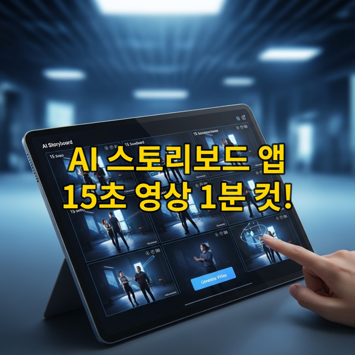 AI 스토리보드 앱을 이용해 15초 영상을 빠르고 전문적으로 제작하는 과정을 보여주는 이미지. 화면에는 9개의 시네마틱 프레임으로 구성된 스토리보드가 보이며, 사용자가 영상을 생성하는 버튼을 누르려 하고 있다. 미래지향적이고 효율적인 영상 제작 환경을 시사한다.