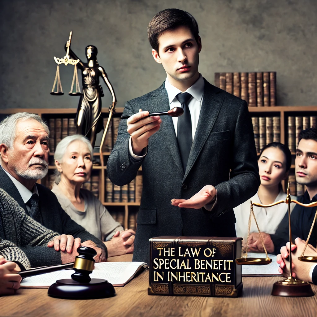 법관이 상속에서 특별수익 개념을 설명하는 장면: 법관이 망치를 들고 상속인들에게 특별수익 법률을 설명하는 장면.