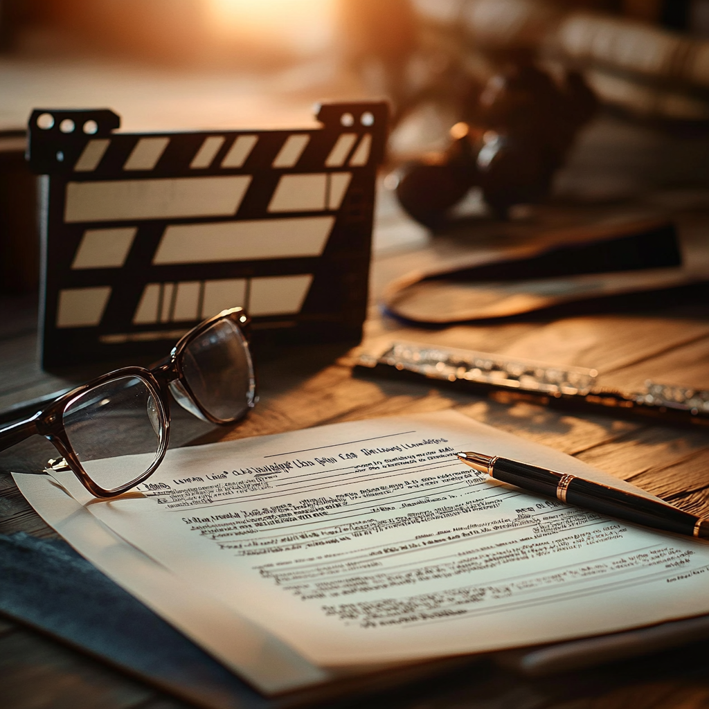 책상 위 시나리오 노트와 안경 사진