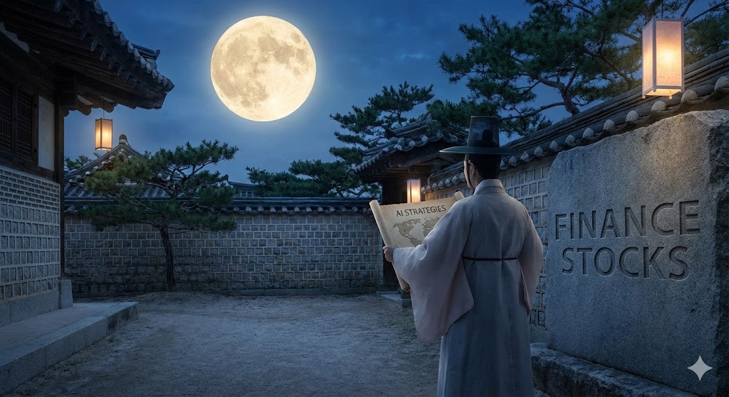 밝게 떠오르는 설날 보름달 아래, 튼튼한 성벽(금융주)과 새로운 길(AI 전략)을 차분히 살피는 현명한 투자자의 뒷모습