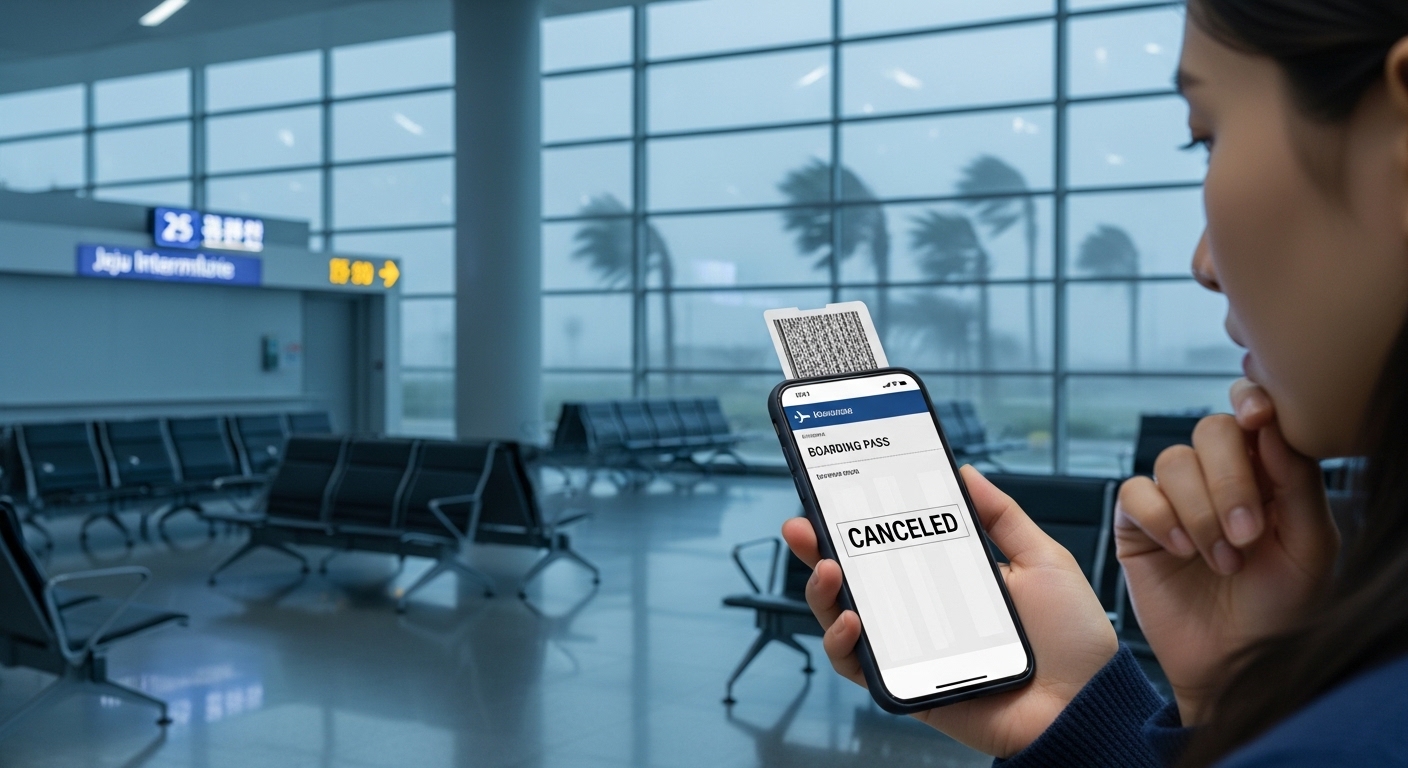 제주공항에서 스마트폰에 항공편 결항 알림을 보고 있는 여행객의 모습. 실망감이 엿보이지만, 침착하게 정보를 확인하는 듯하다.