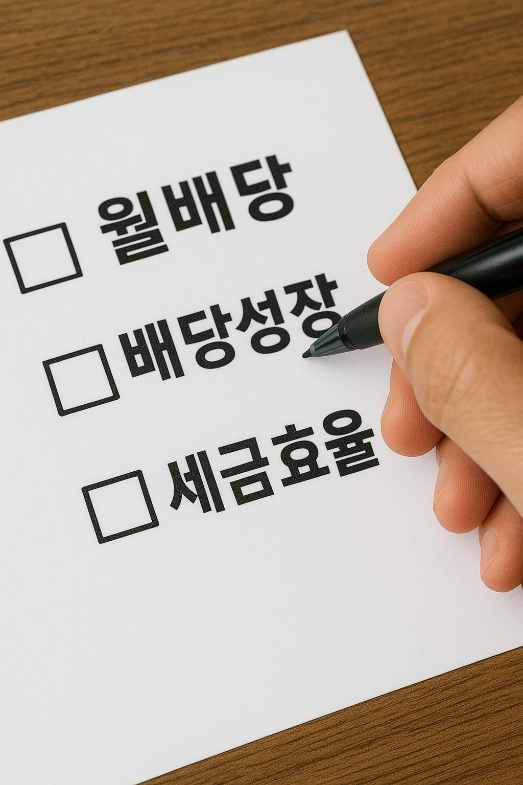 투자 체크리스트를 작성하는 손. '월배당', '배당성장', '세금효율' 키워드가 강조됨