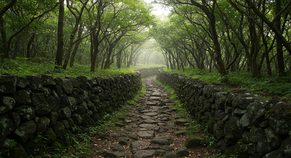 제주 곶자왈 생태탐방로의 숲길과 현무암 돌담
