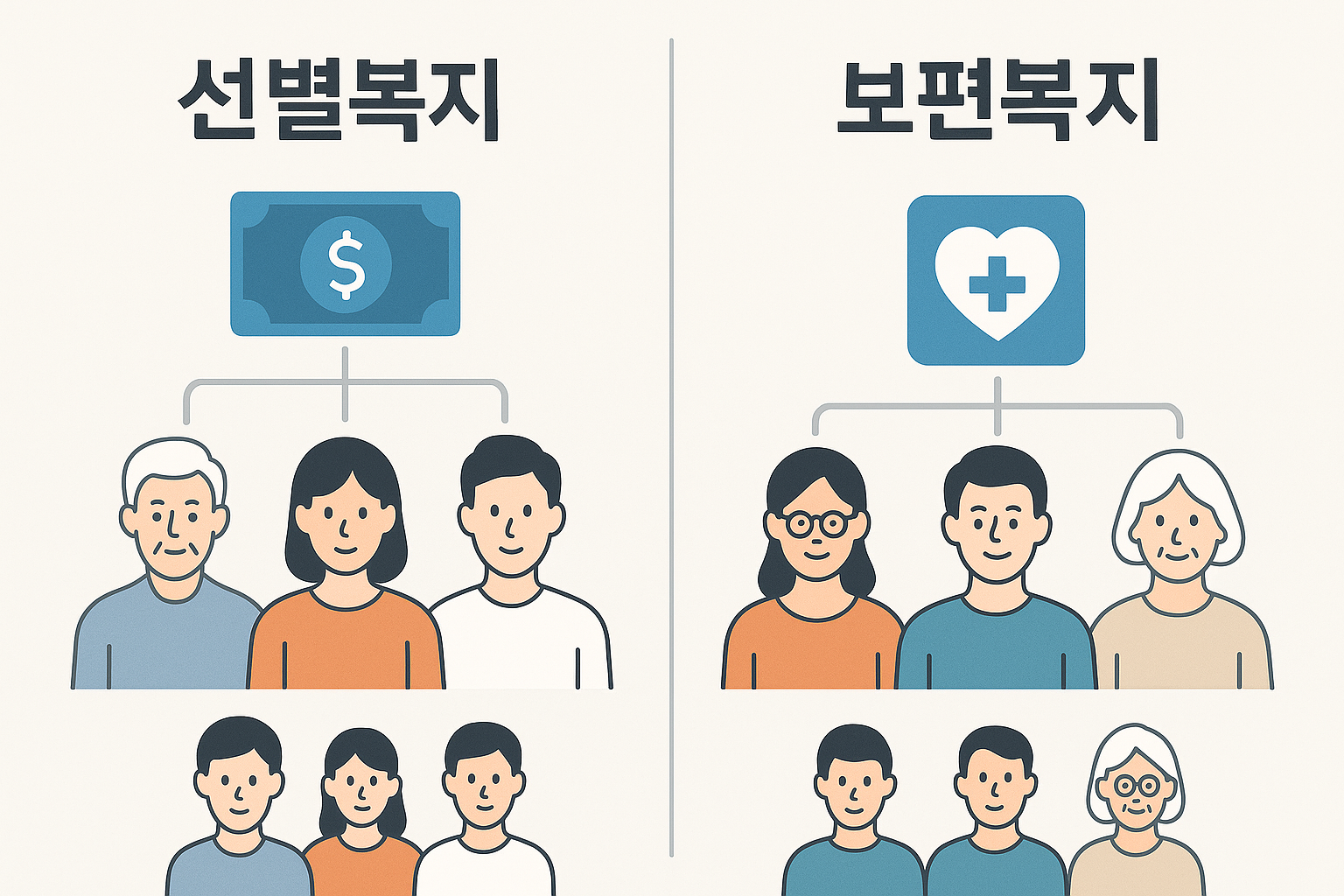 선별 지원과 보편 복지를 비교한 일러스트 이미지