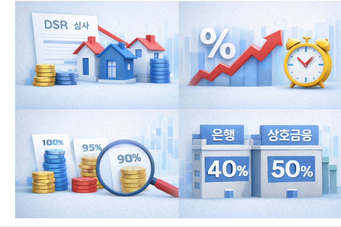 DSR 심사 기준, 대출 한도에 영향을 주는 요소들을 아이콘으로 정리한 금융 인포그래픽 이미지