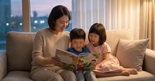엄마와 두 아이가 소파에 나란히 앉아 어린 왕자 책을 함께 읽는 따뜻한 장면