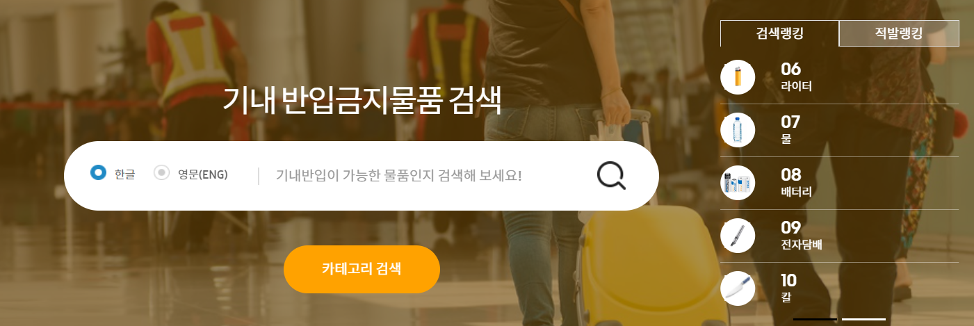 비행기 기내 반입 금지 물품 검색하기