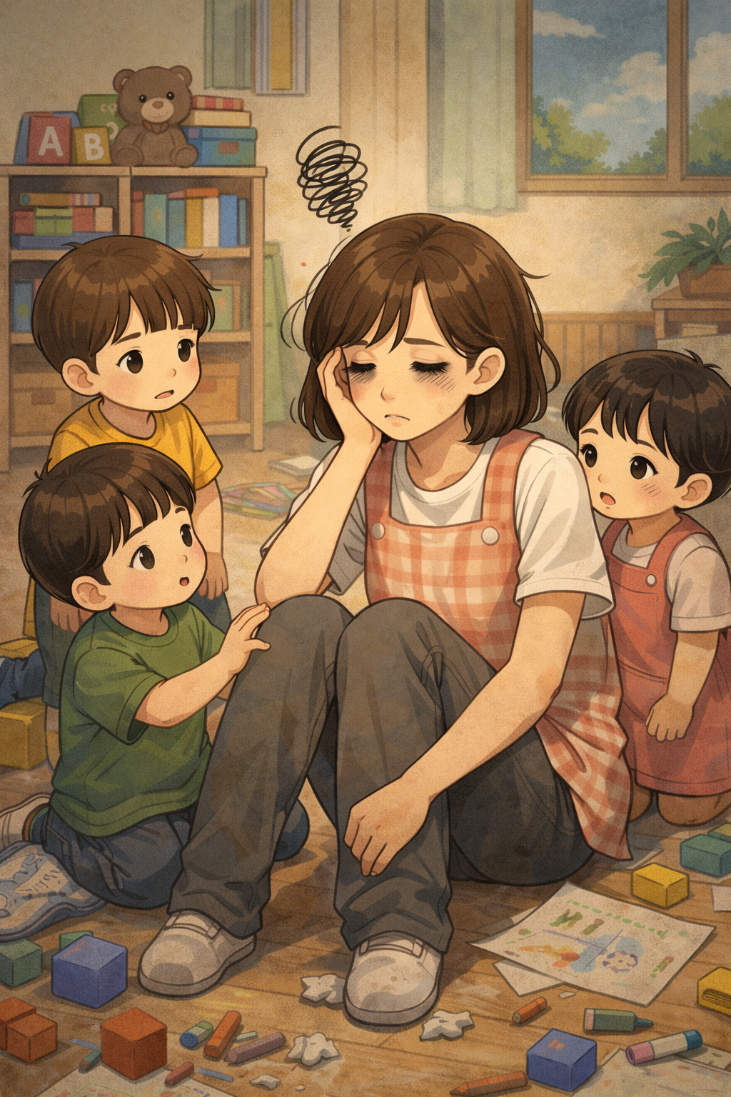 지친 어린이집 교사의 모습 일러스트