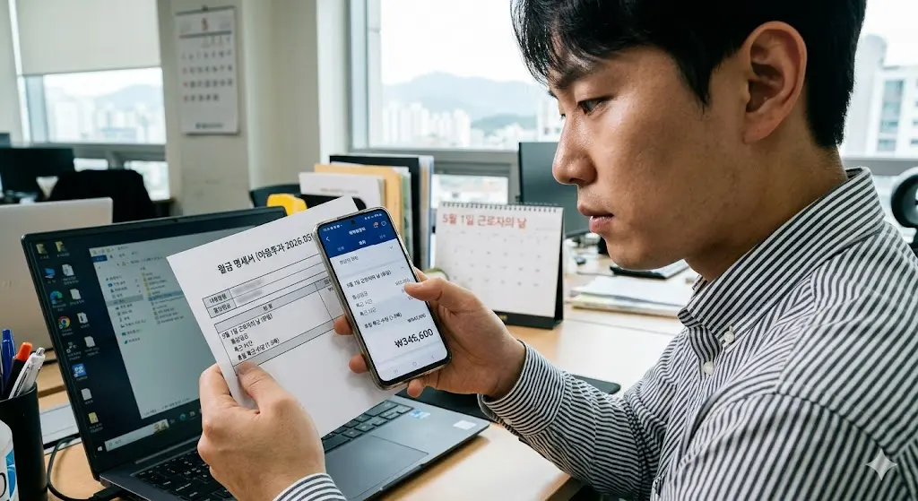 5월 1일 근로자의 날에 출근한 직장인이 월급 명세서를 보며 통상임금 기준 1.5배의 휴일 특근 수당이 정확히 계산되었는지 스마트폰으로 확인하는 모습