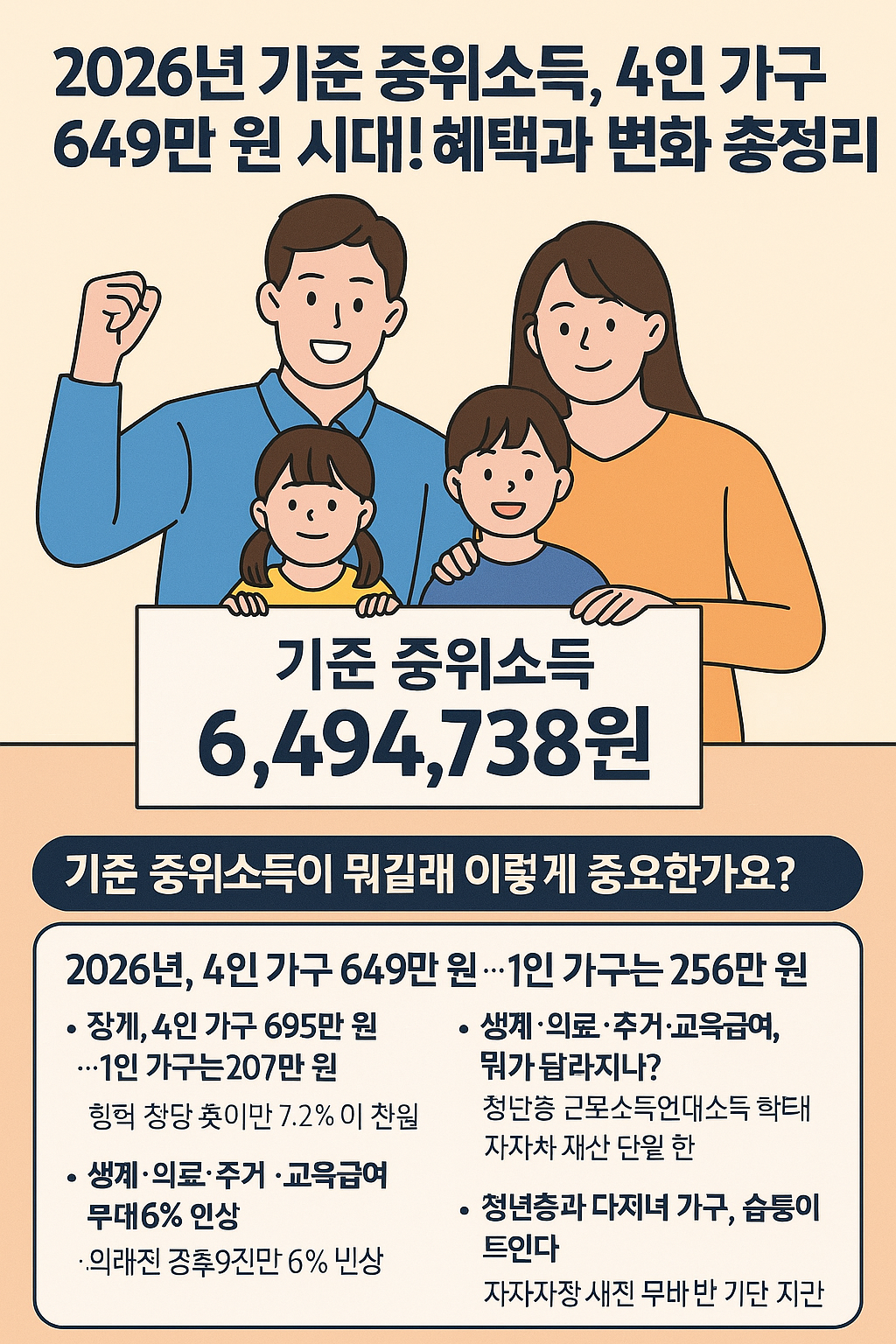 2026년 기준 중위소득, 4인 가구 649만 원 시대! 혜택과 변화 총정리