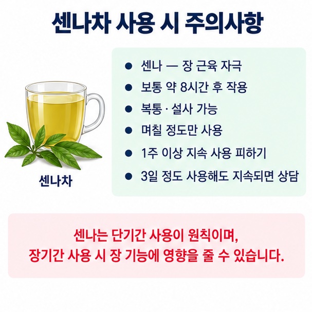 센나차가 약 8시간 후 작용할 수 있고 복통 설사 장기 사용에 주의해야 함을 보여주는 이미지