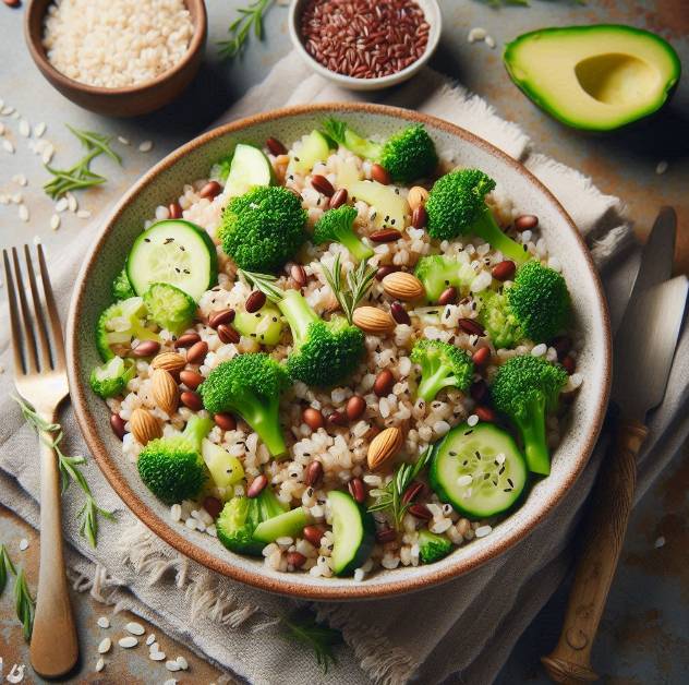 식이섬유가 풍부한 현미 보리밥과 브로콜리로 구성 된 식단