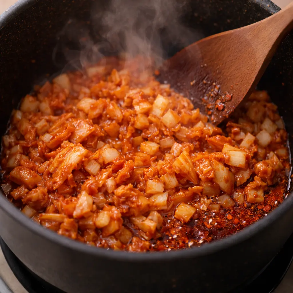 같은 냄비에서 김치와 양파를 볶아 붉은 기름이 살짝 올라오며 향이 올라오는 장면