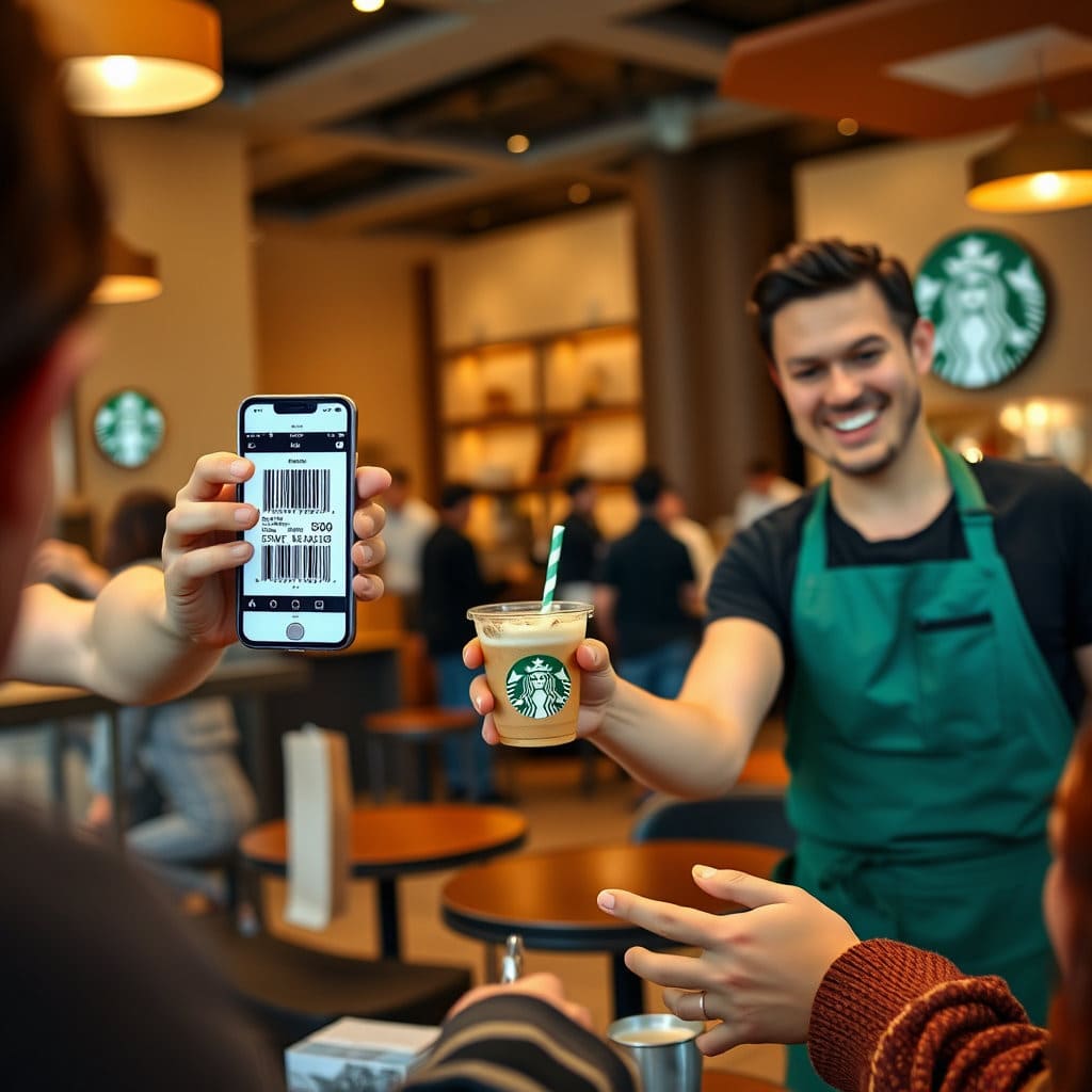 스타벅스 매장에서 바리스타가 음료를 건네주고, 다른 한 손으로는 스마트폰의 스타벅스 앱 바코드를 제시하여 e-프리퀀시 스티커가 적립되는 모습을 시각적으로 보여주는 이미지입니다.