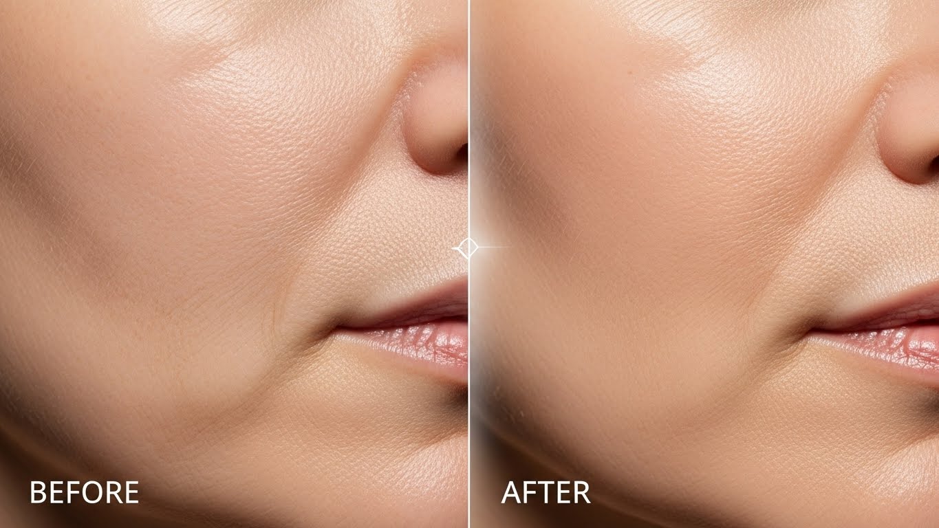 BX 펩타이드 사용 전후의 피부 질감을 비교하는 이미지. 사용 전 미세 주름과 탄력 저하가 보이는 피부와 사용 후 탄탄하고 매끄러워진 피부를 보여줌.