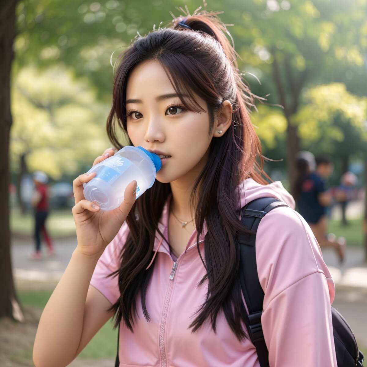 공원에서 물병으로 물을 마시는 20대 여성