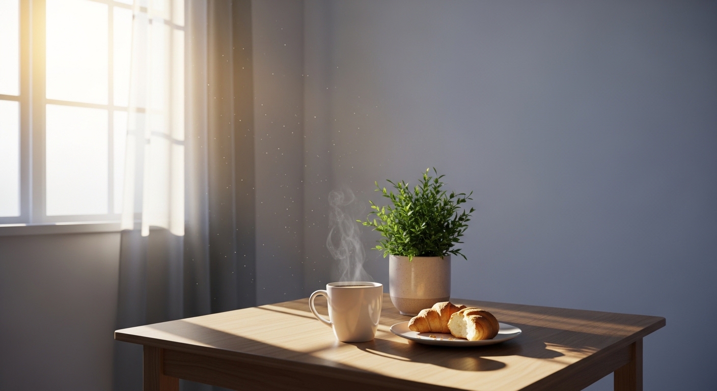 탁자위에 올려진 빵과 화분 그리고 커피한잔