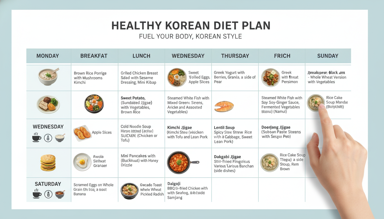 일주일 다이어트 식단표가 깔끔하게 정리된 차트 이미지. 아침, 점심, 저녁 식단이 균형 잡히게 구성되어 있다.