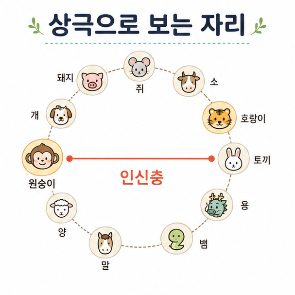 원숭이띠 상극 도해, 십이지를 원으로 배열해 원숭이와 호랑이가 정반대에 놓인 인신충을 나타낸 그림