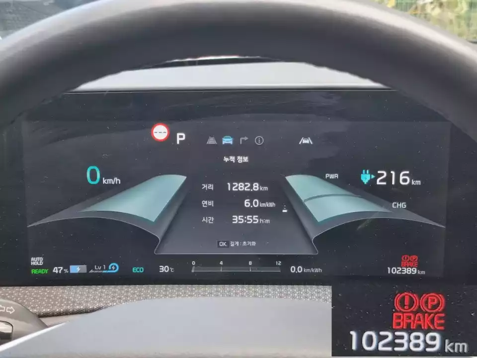 계기판에 적힌 EV6의 누적 주행거리가 10만 2,389km였습니다.