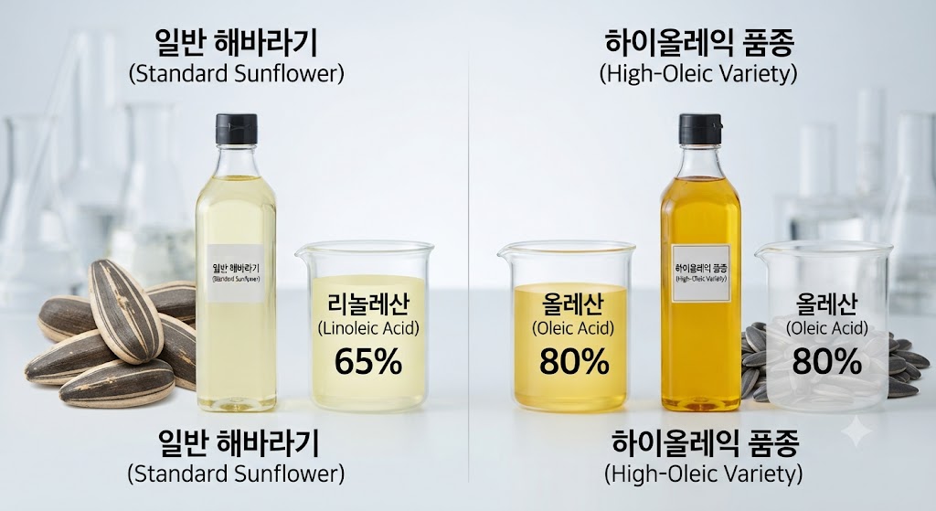 실험실 테이블 위에 두 종류의 해바라기 씨앗과 그로부터 추출한 기름이 비교 전시되어 있습니다. 왼쪽은 크고 껍질이 두꺼운 '식용/관상용' 씨앗과 탁한 노란색의 일반 기름병이, 오른쪽은 작고 통통하며 껍질이 얇은 '착유용(오일)' 고품종 씨앗과 투명하고 황금빛이 도는 '하이올레익' 기름병이 놓여 있습니다. 지방산 구성 비율을 보여주는 파이 차트가 함께 삽입되어 차이를 명확히 합니다.