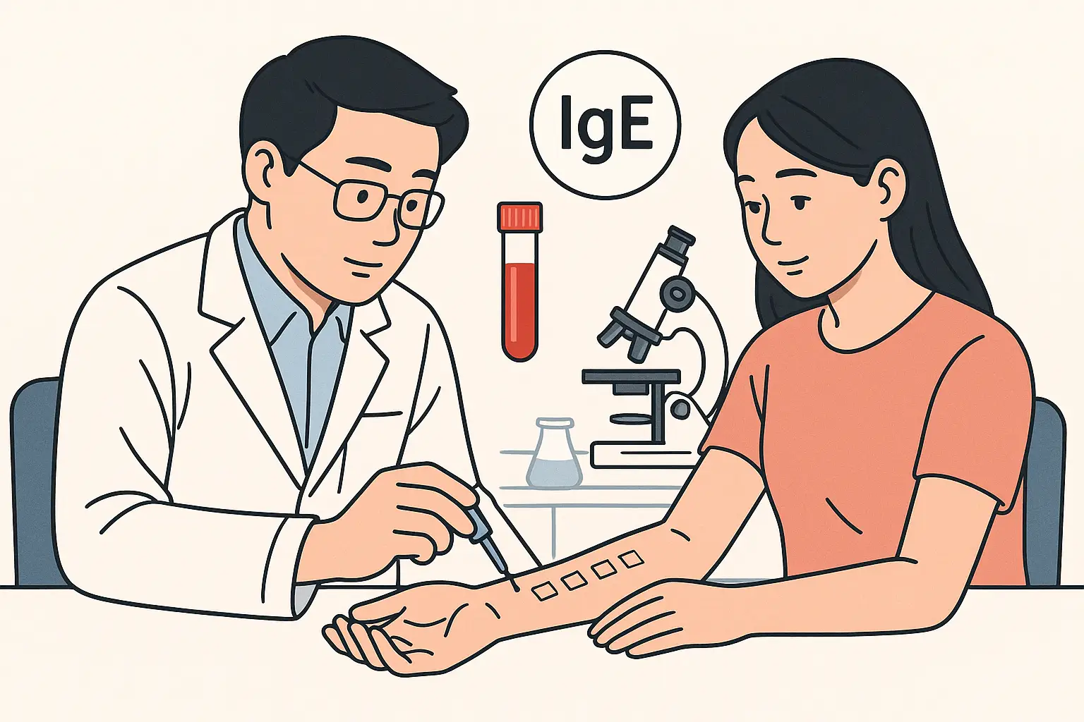 의사가 환자의 팔에 피부단자검사를 하고 있는 모습, 혈액 샘플과 IgE 표시