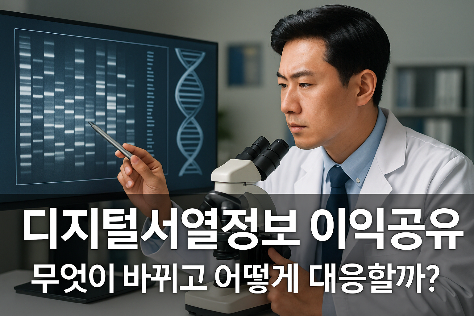 현대 실험실에서 디지털서열정보(DSI)를 분석하는 한국인 연구원이 모니터 속 DNA 데이터를 살피는 장면, 2025년 ABS 기업세미나에서 다루는 AI 시대 DSI 이익공유 대응 전략을 시각적으로 표현한 이미지.