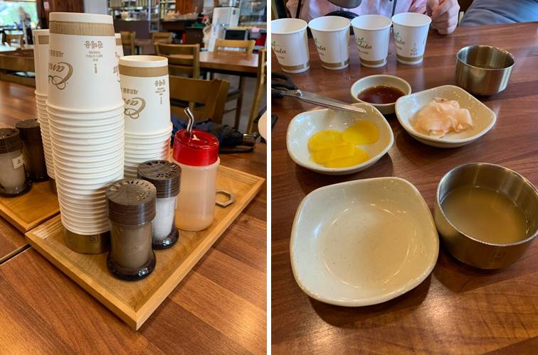 기본세튼 반찬들과 컵, 후추, 식초, 소금