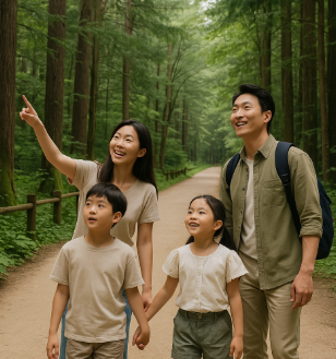 광릉숲에서 산책하며 무언가를 보고 있는 가족