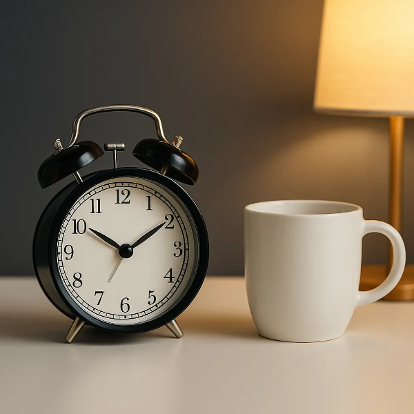 검정색 자명종, 흰색 머그컵, 따뜻한 조명의 테이블 램프가 놓인 스튜디오컷으로 출산 지원금 신청의 시간을 상징