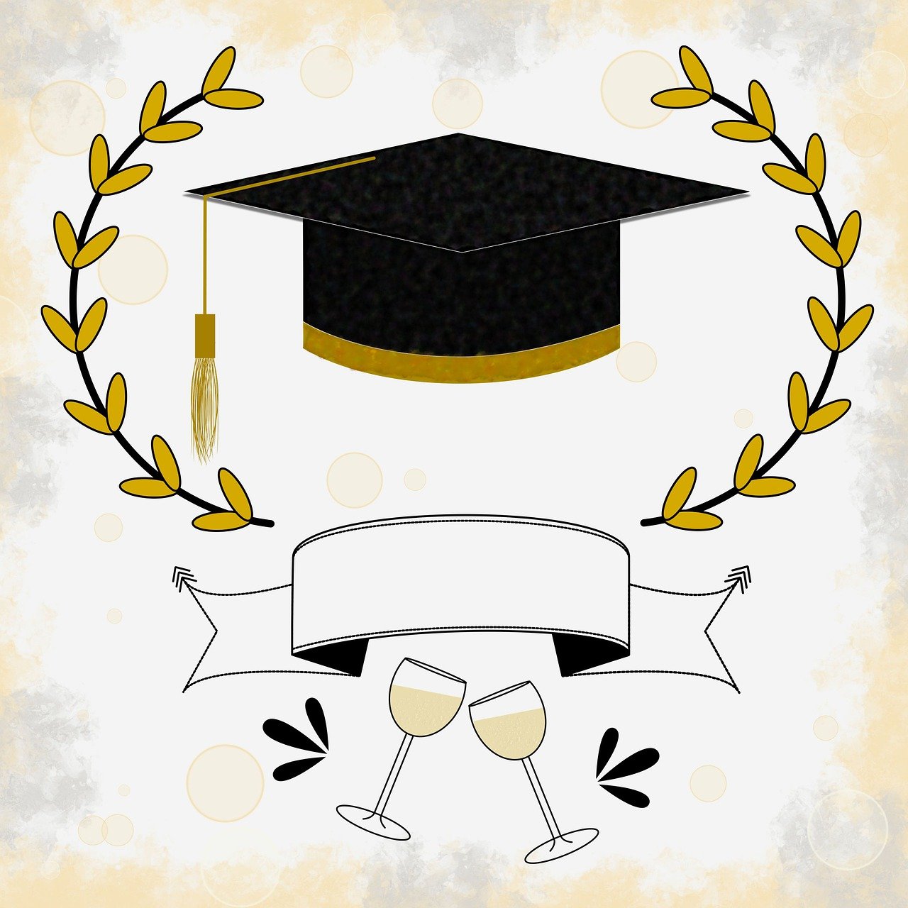 졸업 모자와 졸업장, 축하의 샴페인 잔이 그려진 이미지