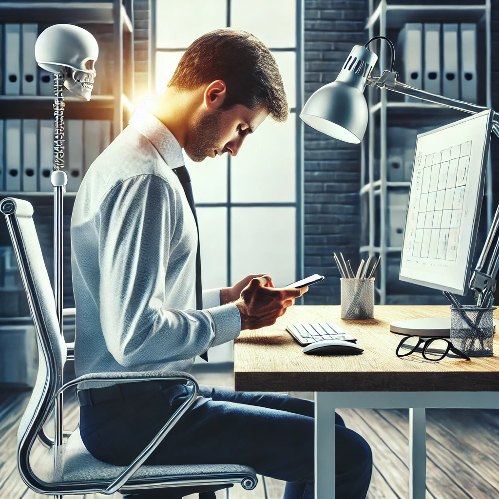 핸드폰 모니터등 거북목을 일으킬 수 있는 업무 환경을 보여줘 경각심을 주는 사진