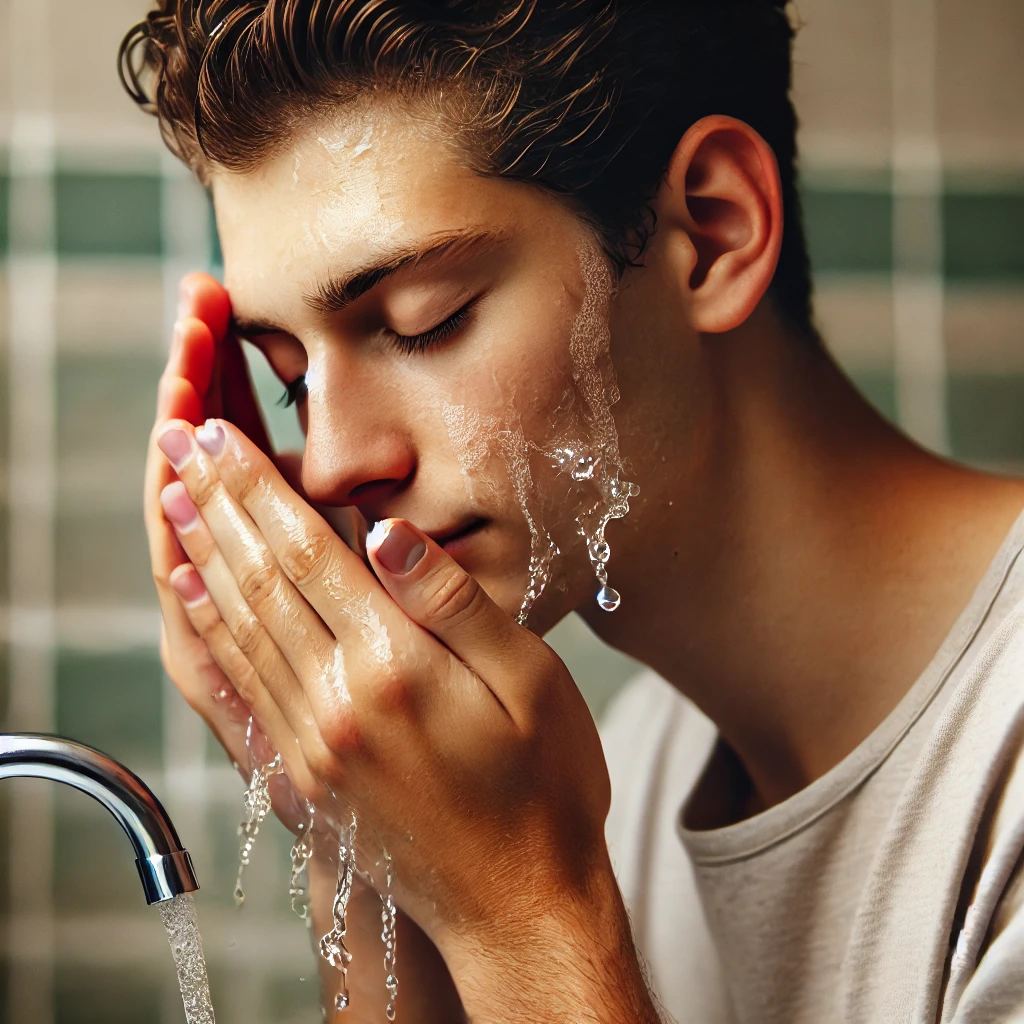 피부과 시술 후, 미지근한 물로 얼굴을 부드럽게 세안하는 모습. 손으로 얼굴에 물을 뿌리며 세심하게 관리하는 장면.