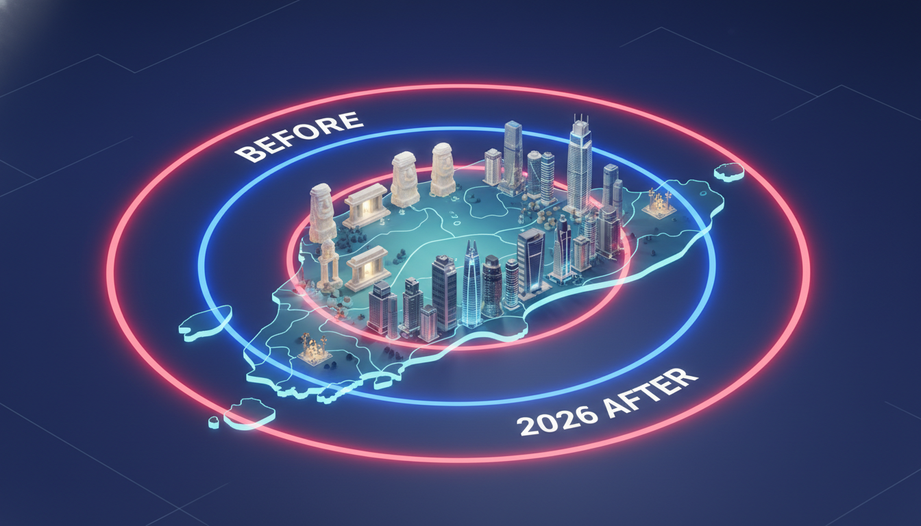 2026년 국가유산 규제 완화 전후의 보존지역 반경 축소를 직관적으로 보여주는 3D 인포그래픽 지도