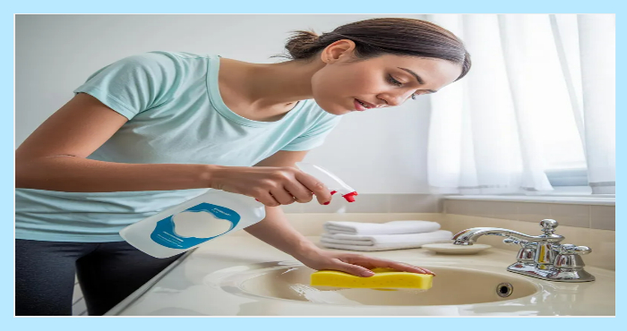 욕실 세면대 배수구를 스펀지와 세정제로 청소하는 여성의 모습