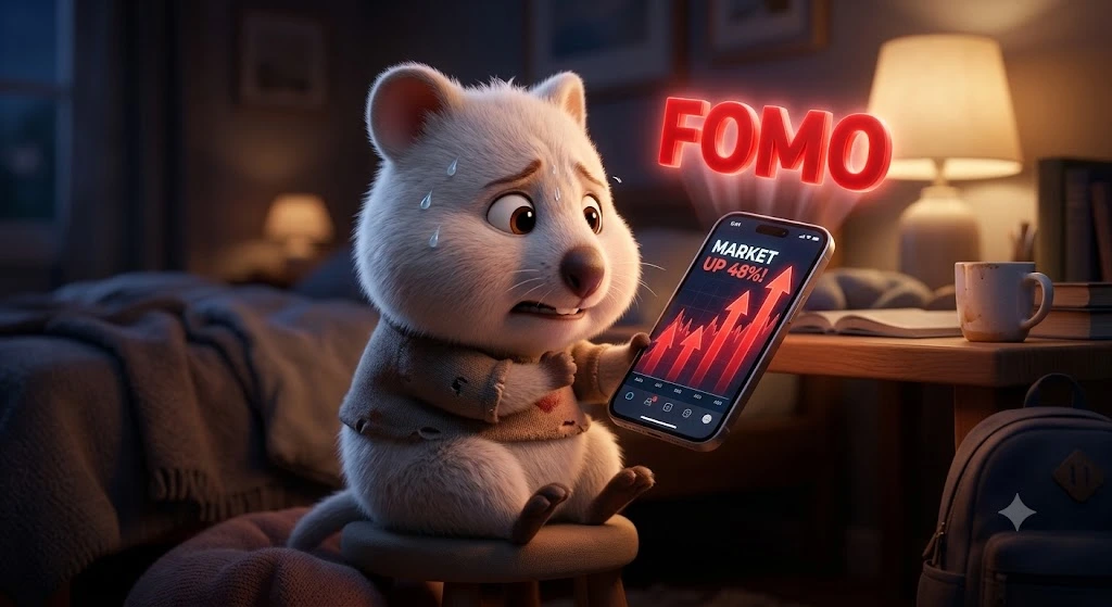 급상승하는 시장 차트를 보며 남들보다 뒤처질까 봐 불안해하는 'FOMO' 증후군을 쿼카의 불안한 표정과 붉은색 네온 텍스트로 시각화함.