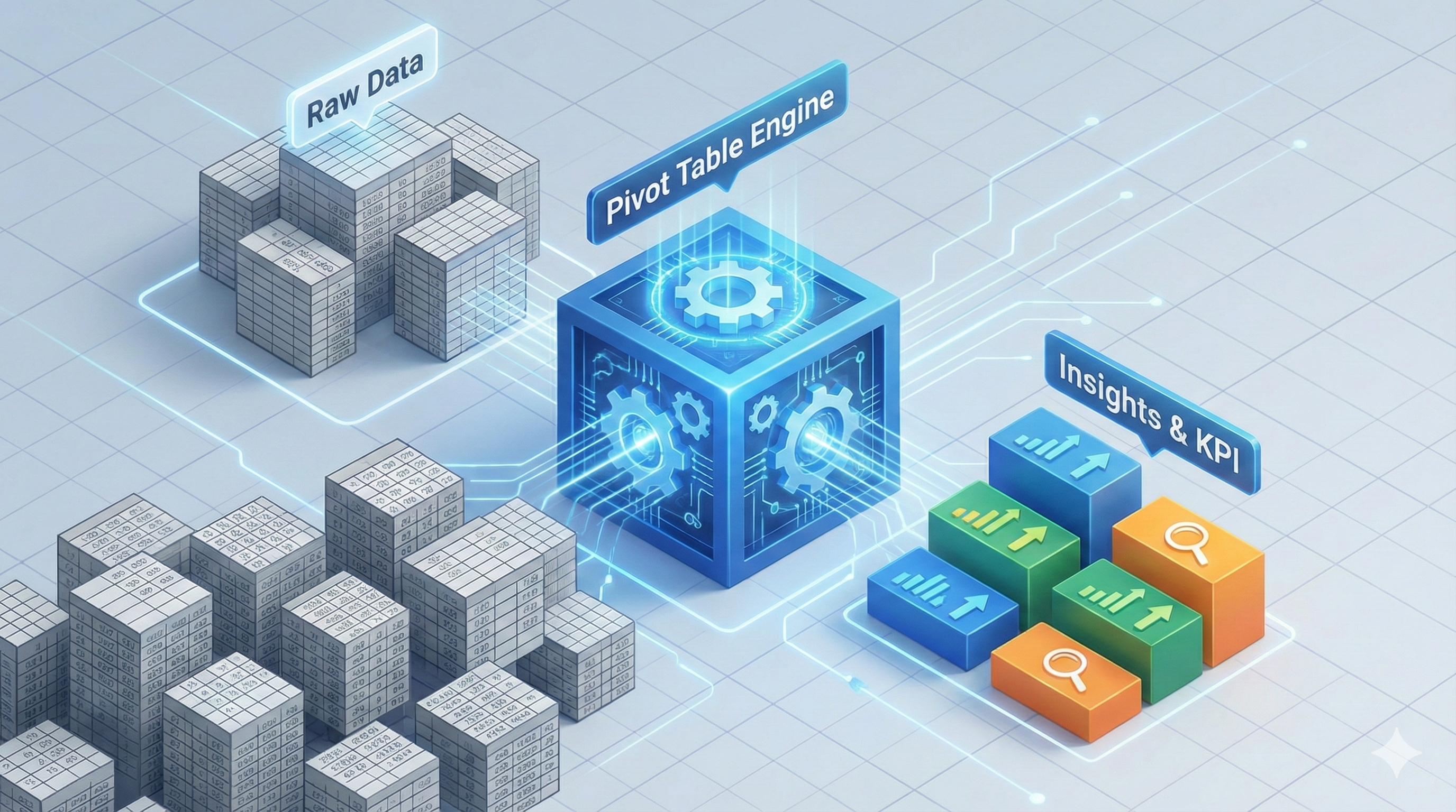 이 이미지는 글의 첫 번째 핵심인 '피벗 테이블'을 시각화합니다. 복잡하고 방대한 Raw 데이터가 피벗 테이블이라는 '마법'의 필터를 거쳐 명쾌한 인사이트로 정리되는 과정을 직관적인 3D 아이소메트릭(입체 조감도) 형태로 표현하여 전문적인 느낌을 줍니다.