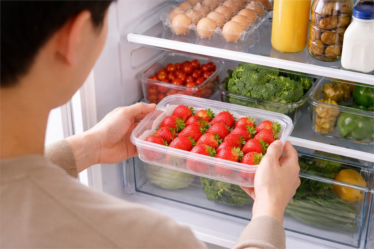 키친타월을 깐 얕은 용기에 딸기를 담아 보관하는 모습