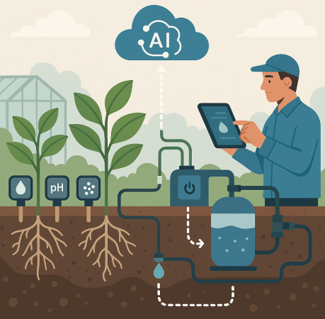 작물 IoT 기반 양액 공급을 표현한 인포그래픽. 토양 센서와 EC·pH 센서가 데이터를 수집하고, 클라우드 AI가 이를 분석해 양액 공급 장치를 제어하며, 농민이 스마트 기기에서 이를 모니터링하는 과정을 시각화한 이미지