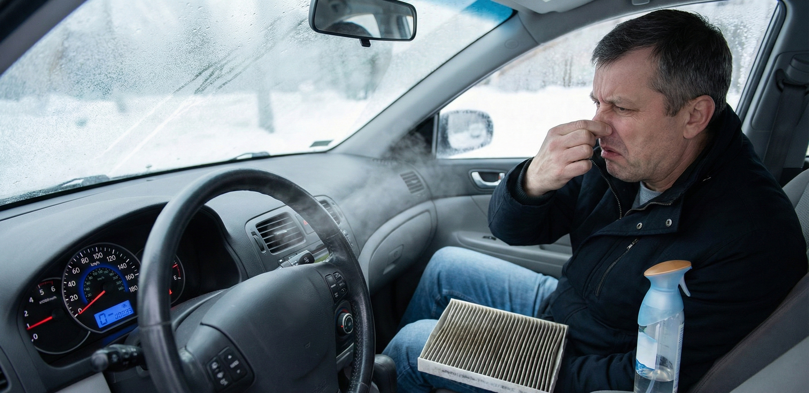 겨울철 자동차 히터 냄새 때문에 코를 막고 있는 운전자와 오염된 캐빈 필터