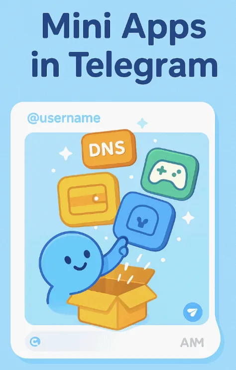 ‘Mini Apps in Telegram’이라는 문구와 함께, 귀여운 TON 캐릭터가 텔레그램 메시지 UI 안에서 박스를 열어 DNS, 게임, 지갑 등의 미니 앱 아이콘들을 꺼내는 픽사풍 일러스트. 이 이미지는 TON 블록체인이 텔레그램 앱 내부에서 다양한 Web3 서비스를 바로 실행할 수 있는 구조임을 시각적으로 표현하며 블로그의 TON 생태계 및 실사용성 설명 섹션과 관련된 내용을 전달함 (ton mini apps, telegram web3, wallet integration, dapp access)
