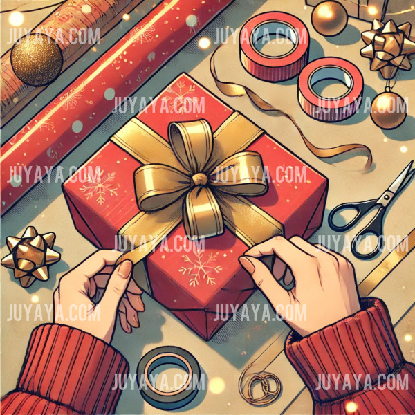 웹툰 스타일로 그려진 장면으로, 빨간 포장지로 선물을 감싸고 황금색 리본을 묶고 있는 손의 클로즈업. 배경에는 크리스마스 조명과 가위, 테이프, 장식 리본 등이 흩어져 있어 따뜻하고 창의적인 분위기를 더합니다.