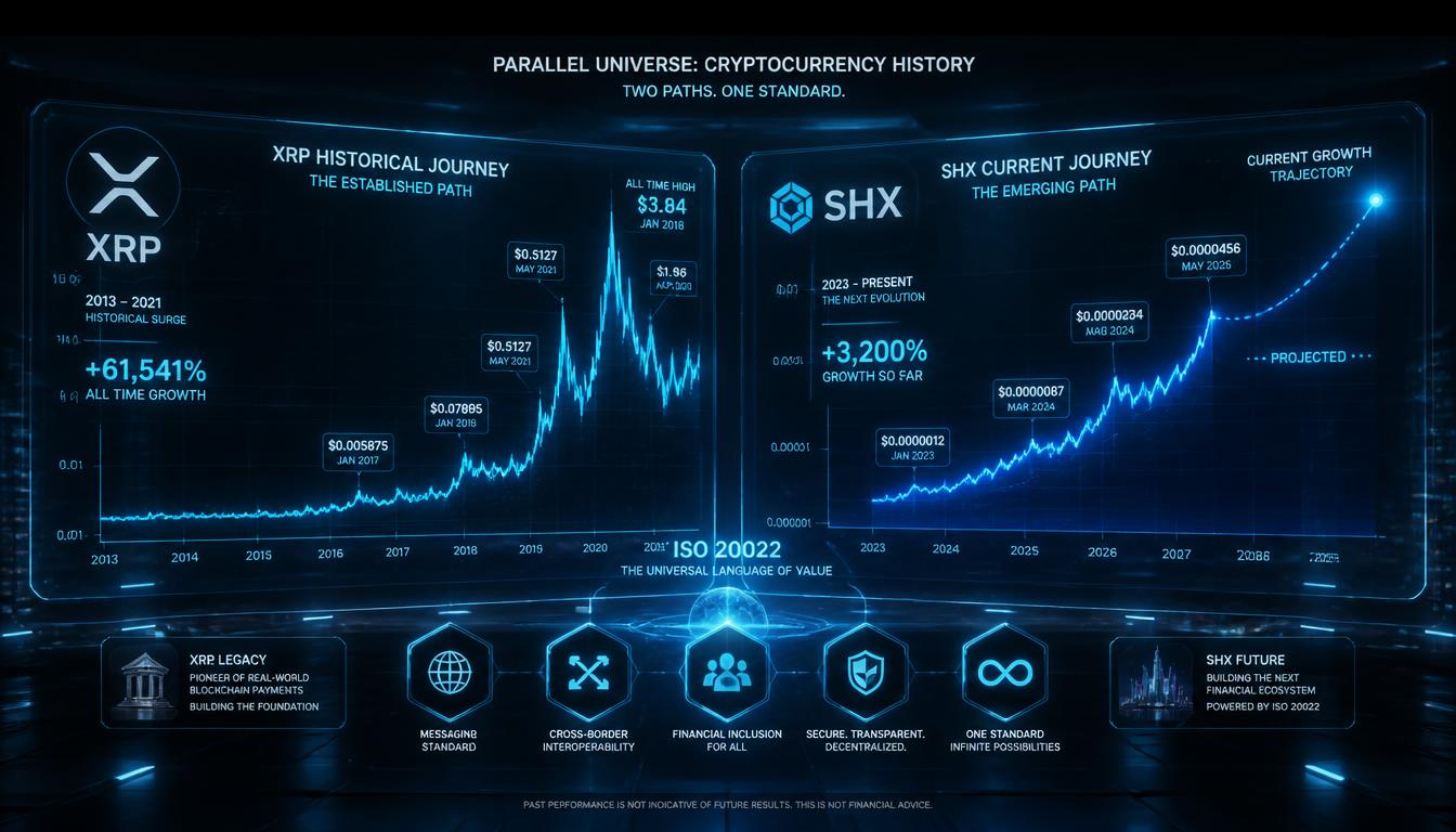 Two side-by-side financial growth charts comparing historical XRP market data with current SHx token metrics.