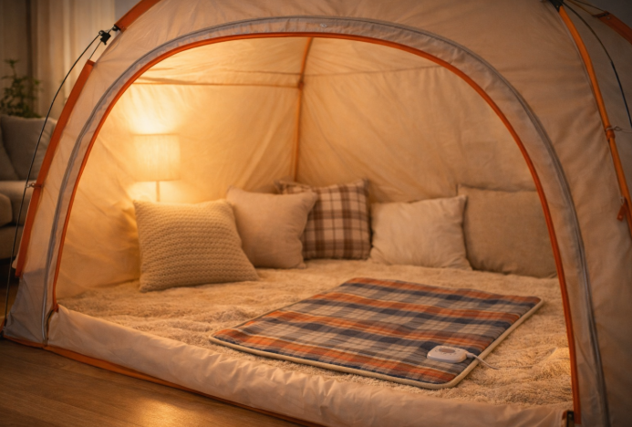 겨울철 실내에 설치된 난방텐트 안에 전기장판과 푹신한 쿠션이 놓인 따뜻한 공간