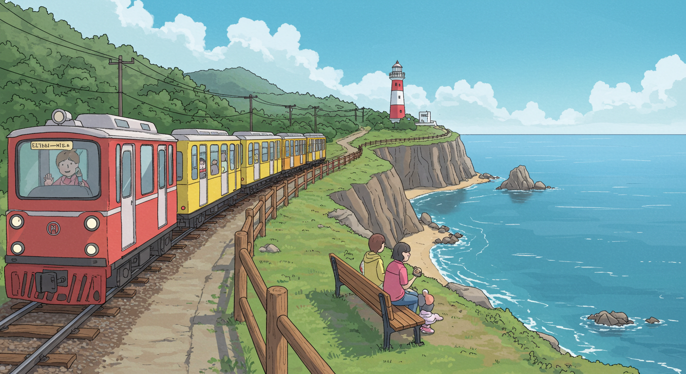 태종대 다누비 열차와 절벽 전망대에서 바다를 감상하는 모습