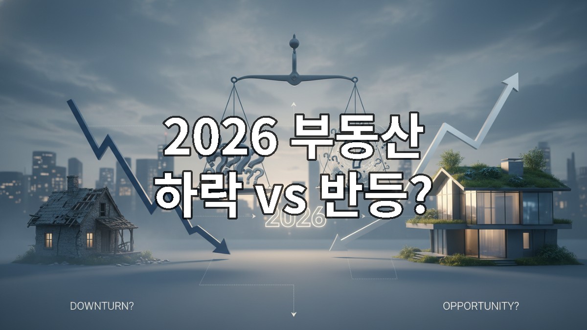 2026년 부동산 시장의 하락과 반등 가능성을 상징하는 복잡한 그래프와 집들이 놓인 이미지, 불확실성을 나타내는 물음표와 저울.