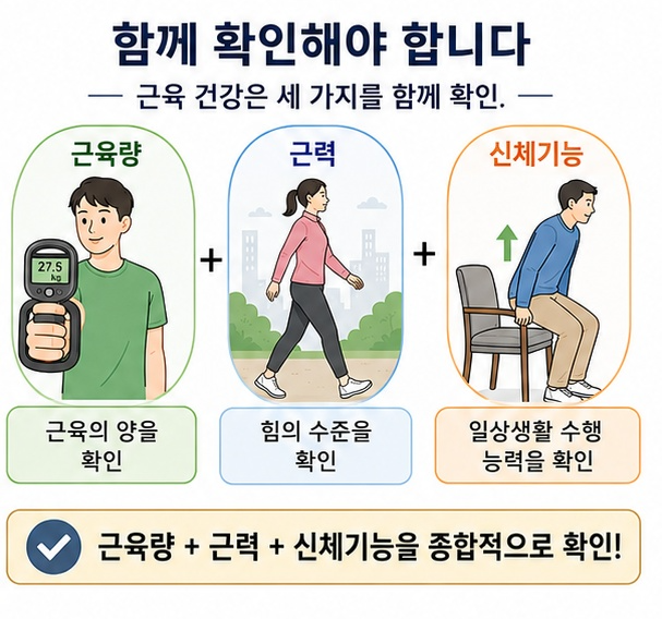 근육량과 함께 악력, 걷기, 의자에서 일어나기 같은 근력과 신체기능을 평가하는 모습을 보여주는 그림