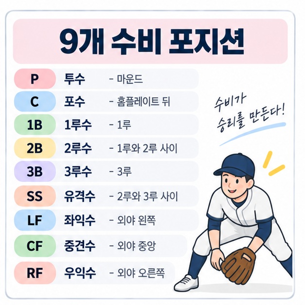 투수 포수 1루수 2루수 3루수 유격수 좌익수 중견수 우익수의 기본 위치와 영문 약자를 표로 정리한 이미지
