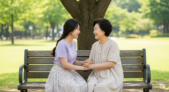 밝게 웃는 딸이 어머니의 손을 잡고 따뜻한 미소를 나누며 노인의 날을 축하하는 모습