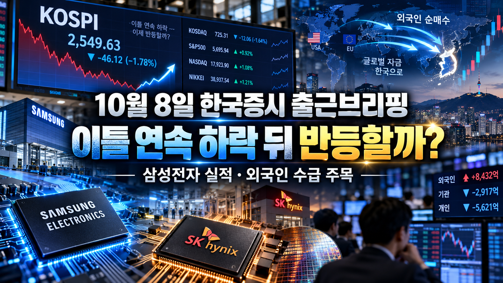 2026년 10월 8일 한국증시 출근 브리핑, 이틀 연속 하락한 코스피와 삼성전자 SK하이닉스 외국인 수급 및 반등 가능성